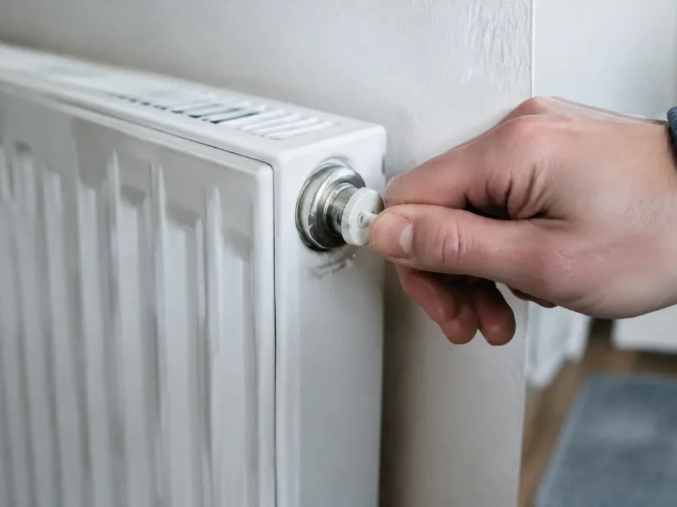 Main ouvrant la vis de purge sur radiateur blanc