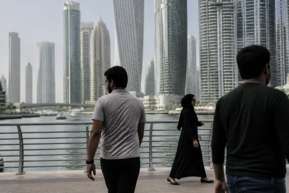 Passants divers devant des gratte-ciel modernes à Dubai